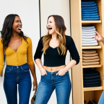 **Image Prompt:** A diverse group of women (apple, pear, hourglass shapes) laughing and shopping for jeans together in a bright, modern boutique. Focus on the variety of denim washes and fits (high-waisted, bootcut, skinny).
