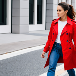 **

A woman confidently walking down a city street wearing a bright red trench coat paired with simple jeans and a white tee. The trench is the focal point, showcasing its vibrant color against the neutral background. Focus on capturing the confidence and style of the wearer.

**