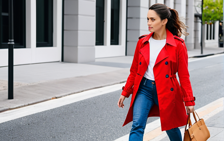 **
A woman confidently walking down a city street wearing a bright red trench coat paired with simple jeans and a white tee. The trench is the focal point, showcasing its vibrant color against the neutral background. Focus on capturing the confidence and style of the wearer.
**