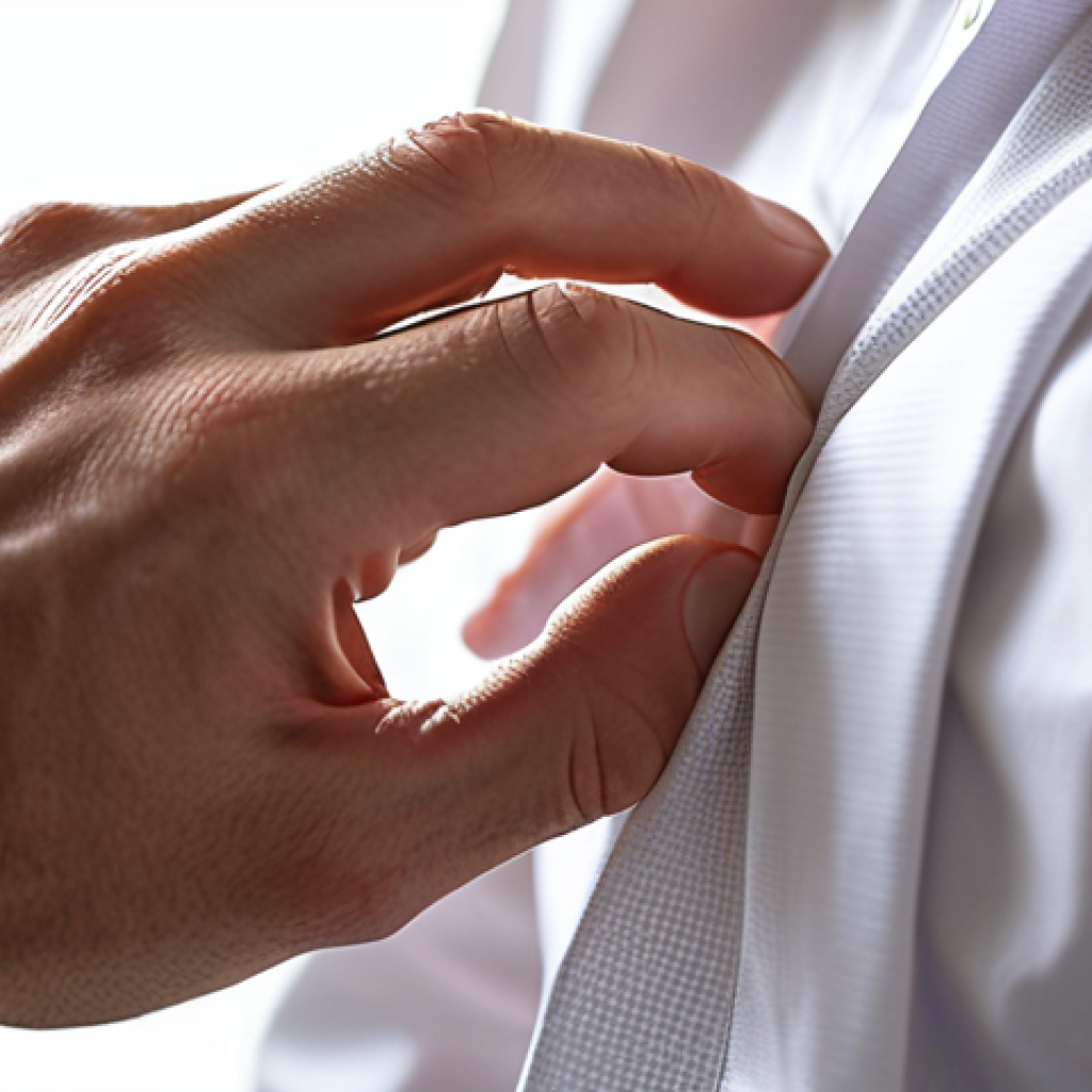 A close-up, high-detail shot of male hands meticulously buttoning a crisp, perfectly ironed white broadcloth shirt. The focus is on the precision of the fingers guiding the button through the buttonhole, conveying a sense of quiet intention and preparation. Soft, warm morning light illuminates the fabric, highlighting its texture and the sharp creases. The background is blurred, suggesting a personal, focused moment before the start of a busy day, embodying the "uniform of confidence."