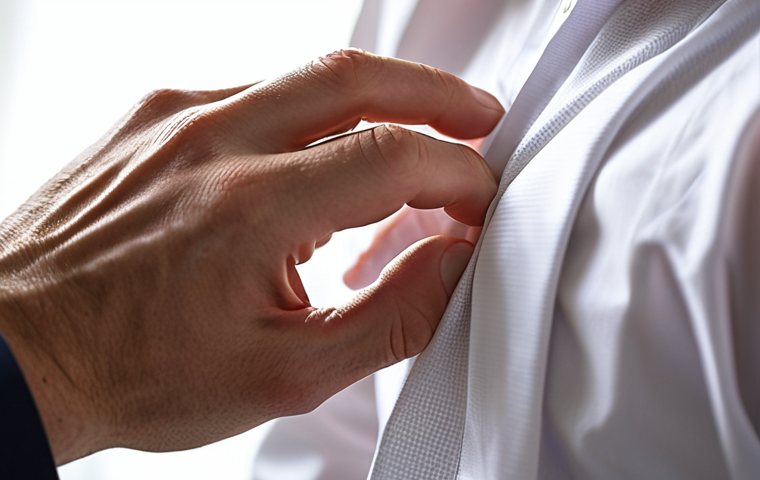 A close-up, high-detail shot of male hands meticulously buttoning a crisp, perfectly ironed white broadcloth shirt. The focus is on the precision of the fingers guiding the button through the buttonhole, conveying a sense of quiet intention and preparation. Soft, warm morning light illuminates the fabric, highlighting its texture and the sharp creases. The background is blurred, suggesting a personal, focused moment before the start of a busy day, embodying the "uniform of confidence."
