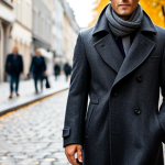 A sophisticated adult professional, fully clothed in a classic, high-quality virgin wool overcoat in a deep charcoal grey, perfectly tailored, with a subtle texture. A luxurious cashmere scarf is draped elegantly around the neck, appropriate attire, modest clothing, professional dress. The individual is standing confidently on a bustling city sidewalk in a European capital during a crisp autumn afternoon. Historic buildings line the street in the soft, diffused natural light. Professional photography, high detail, realistic, cinematic lighting, perfect anatomy, correct proportions, natural pose, natural body proportions, well-formed hands, proper finger count, safe for work, appropriate content, family-friendly.
