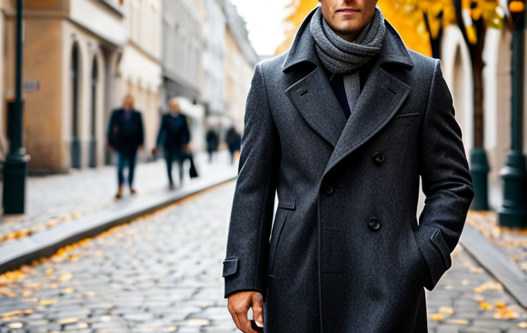A sophisticated adult professional, fully clothed in a classic, high-quality virgin wool overcoat in a deep charcoal grey, perfectly tailored, with a subtle texture. A luxurious cashmere scarf is draped elegantly around the neck, appropriate attire, modest clothing, professional dress. The individual is standing confidently on a bustling city sidewalk in a European capital during a crisp autumn afternoon. Historic buildings line the street in the soft, diffused natural light. Professional photography, high detail, realistic, cinematic lighting, perfect anatomy, correct proportions, natural pose, natural body proportions, well-formed hands, proper finger count, safe for work, appropriate content, family-friendly.