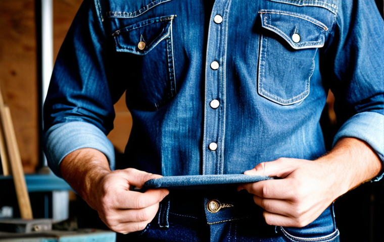 Raw Denim Enthusiast**
"A close-up shot of a man, fully clothed in a modest, durable work shirt and dark, raw denim straight-fit jeans, appropriate attire, showing unique wear patterns and creases on the denim. He is meticulously examining the fades, safe for work. The background is a well-lit workshop with denim swatches and tools visible. Perfect anatomy, correct proportions, well-formed hands, professional photography, high quality, family-friendly."
**