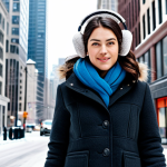 남성용 겨울 귀마개 - "A woman walking in a snowy Chicago street, wearing classic fleece earmuffs, a warm winter coat, and...