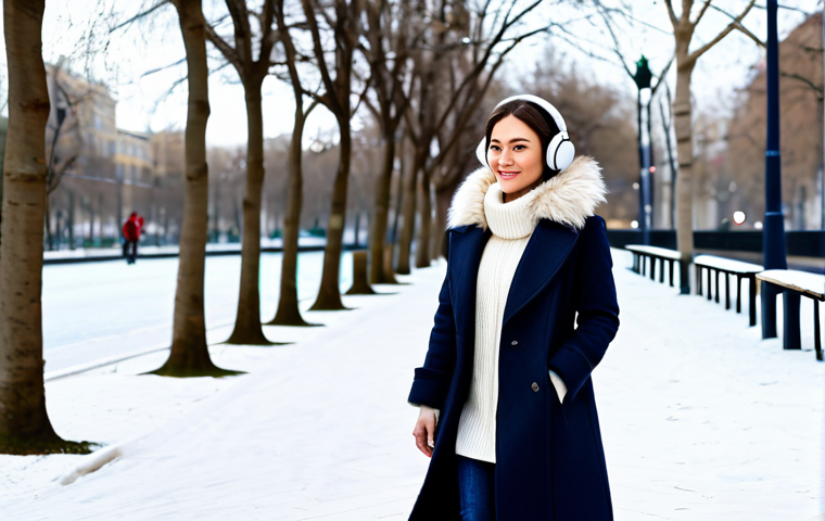 남성용 겨울 귀마개 - "A man shoveling snow in his driveway, wearing Bluetooth earmuffs, a practical winter jacket, and wo...