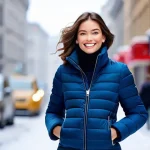 겨울 패션 아이템 비교 - **Urban Puffer Chic:** A confident woman in her early 30s walks down a clean, bustling city street o...