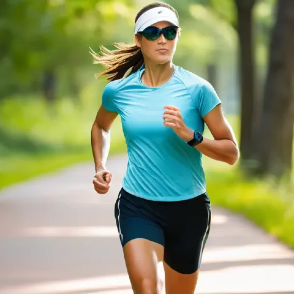 여름 남성 러닝웨어 - **Prompt:** A dynamic full-body shot of a female runner in her late 20s, mid-stride on a sun-drenche...