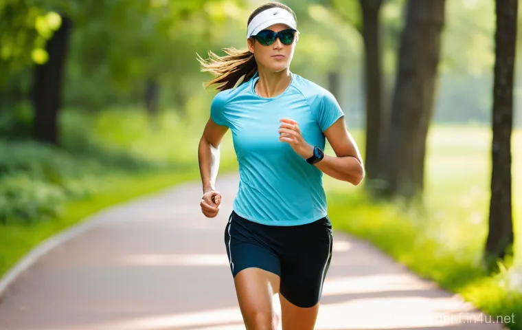 여름 남성 러닝웨어 - **Prompt:** A dynamic full-body shot of a female runner in her late 20s, mid-stride on a sun-drenche...