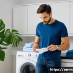 남성 의류 세탁법 - **Prompt:** A focused man, in his late 20s to early 30s, dressed in a clean, casual outfit (t-shirt ...