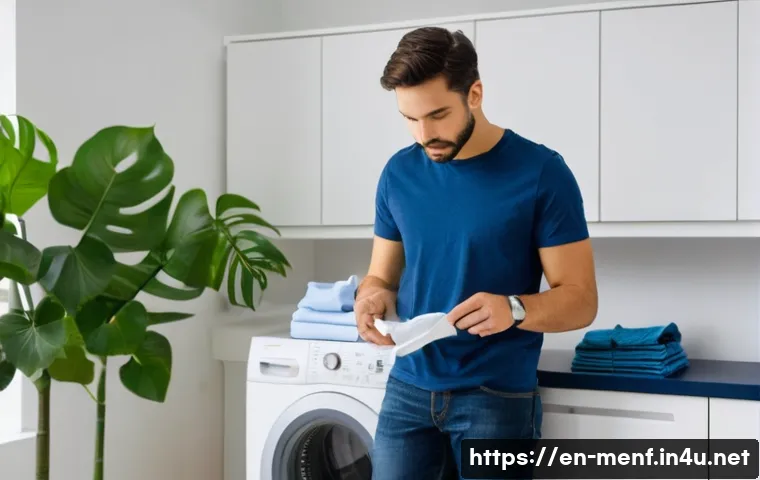 남성 의류 세탁법 - **Prompt:** A focused man, in his late 20s to early 30s, dressed in a clean, casual outfit (t-shirt ...