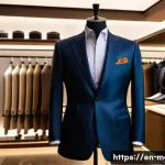 남성용 디자이너 브랜드 - A sharply tailored men&rsquo;s suit displayed on a mannequin in a luxury boutique setting, featuring a sli...