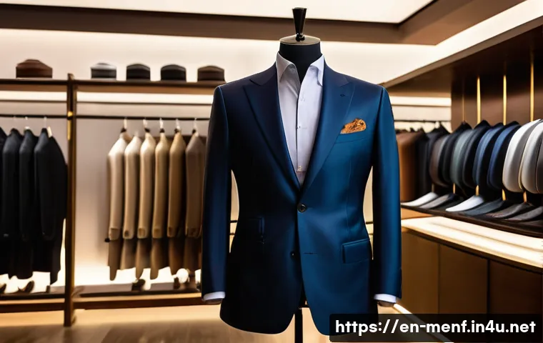 남성용 디자이너 브랜드 - A sharply tailored men&rsquo;s suit displayed on a mannequin in a luxury boutique setting, featuring a sli...