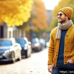 가을 남성 니트 스타일 - A stylish autumn street scene featuring a young adult wearing a chunky cable knit sweater in warm ea...