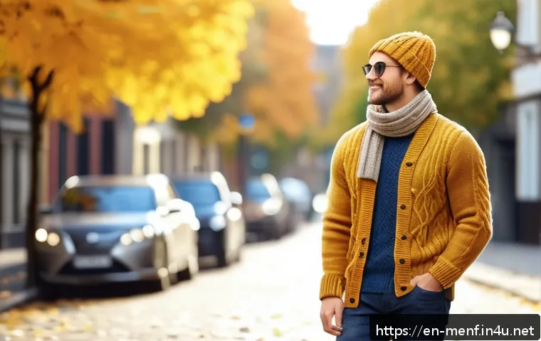 가을 남성 니트 스타일 - A stylish autumn street scene featuring a young adult wearing a chunky cable knit sweater in warm ea...
