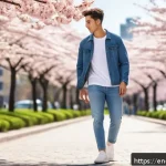 남성 봄 데님 스타일 - A stylish young man walking in an urban park during spring, wearing slim-fit light indigo denim jean...