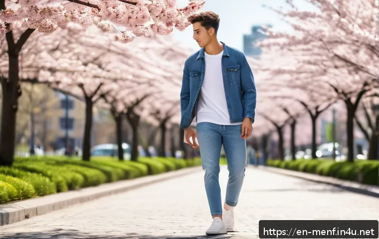 남성 봄 데님 스타일 - A stylish young man walking in an urban park during spring, wearing slim-fit light indigo denim jean...