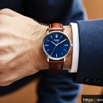 남성용 패션 소품 추천 - A sophisticated close-up shot of a classic analog wristwatch on a male wrist, featuring a deep navy ...
