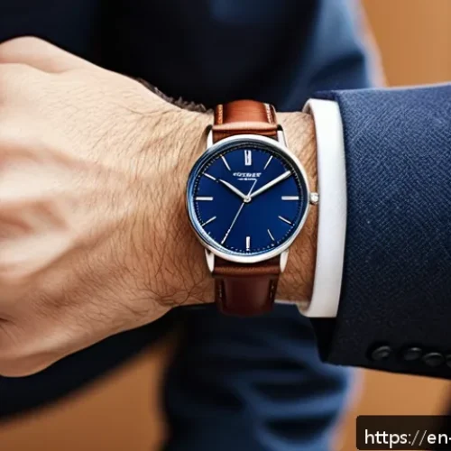남성용 패션 소품 추천 - A sophisticated close-up shot of a classic analog wristwatch on a male wrist, featuring a deep navy ...