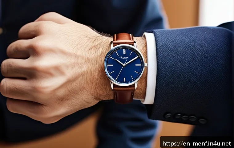 남성용 패션 소품 추천 - A sophisticated close-up shot of a classic analog wristwatch on a male wrist, featuring a deep navy ...