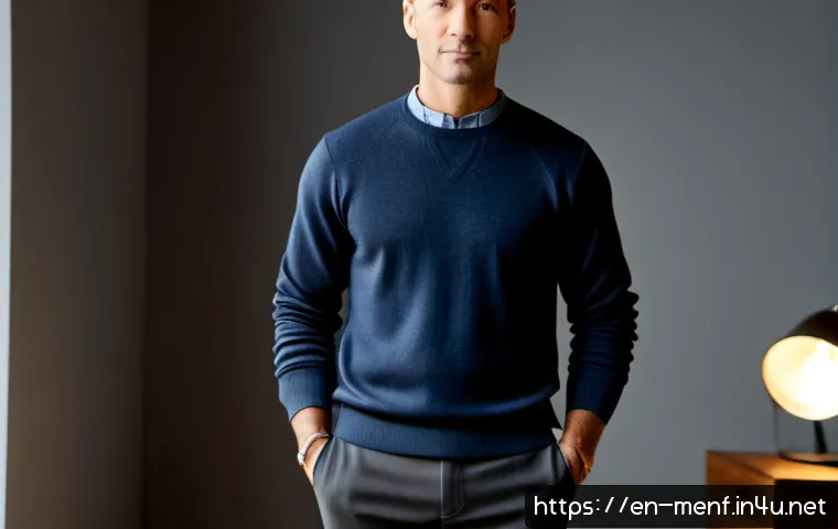 Home 17 남성용 라운드넥 스웨터 - Photorealistic menswear studio scene, confident adult man wearing a classic crew neck sweater in ric...