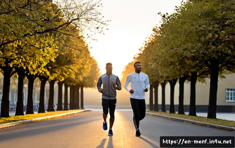 Home 17 남성 스포츠웨어 트렌드 - Photorealistic men’s sportswear trend scene in a modern urban park at early morning, diverse athleti...